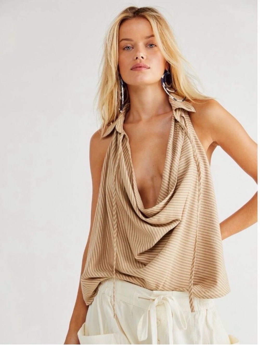 Free People Sleeveless Beige Cowl-Neck Halter Top